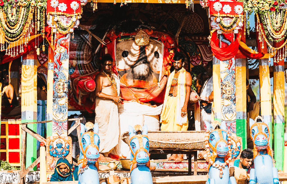 A painting of Lord Jagannath, Balabhadra, and Subhadra